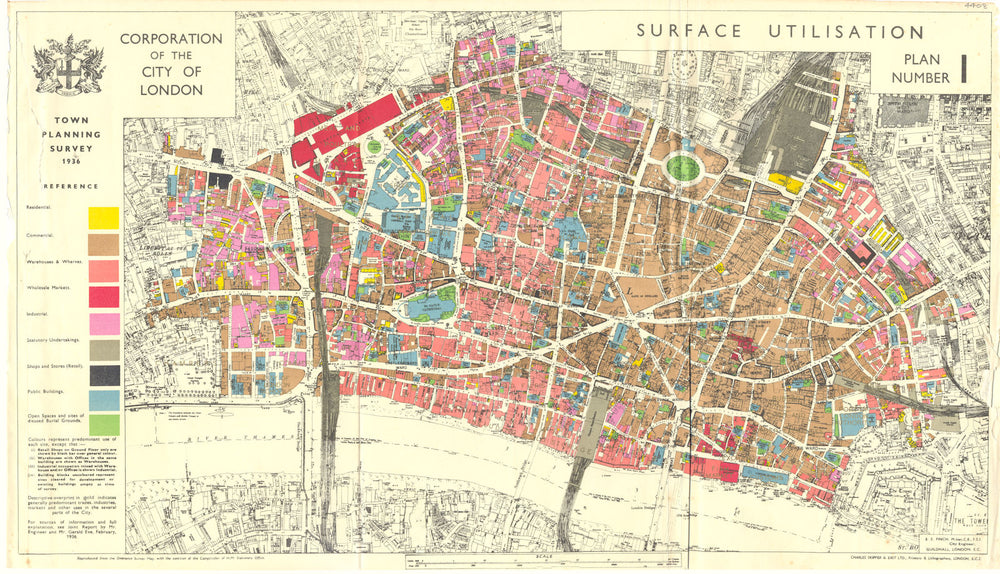 CITY OF LONDON. Town planning survey 1936. SURFACE UTILISATION 1944 old map