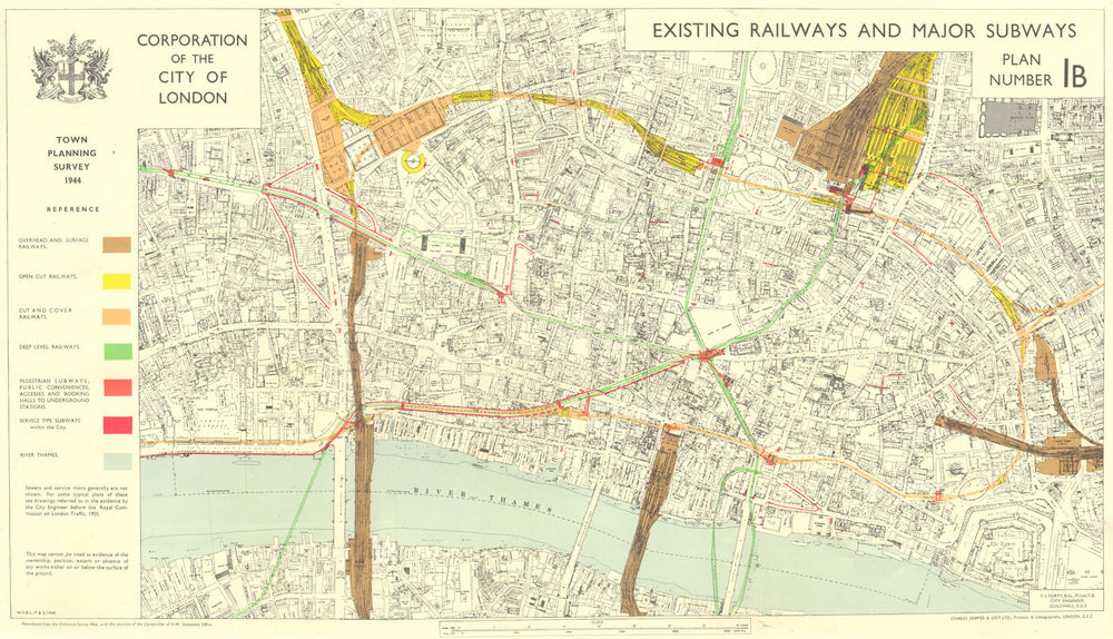 CITY OF LONDON. Planning survey. EXISTING RAILWAYS. MAJOR SUBWAYS 1944 old map