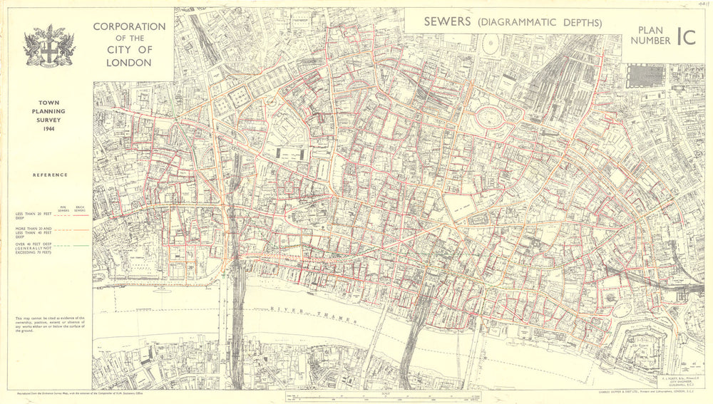 CITY OF LONDON. Town planning survey 1944. SEWERS 1944 old vintage map chart