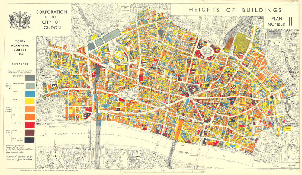 CITY OF LONDON. Town planning survey 1936. HEIGHTS OF BUILDINGS 1944 old map