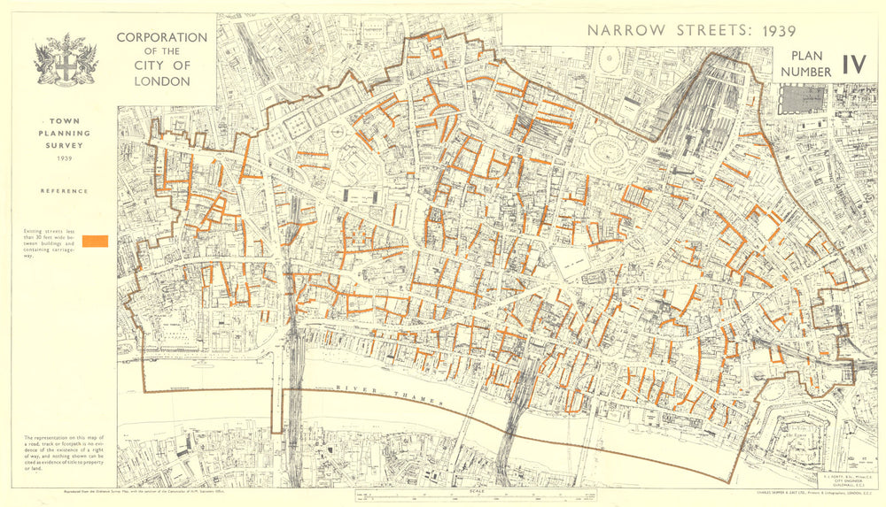 CITY OF LONDON. Town planning survey 1939. NARROW STREETS 1944 old vintage map