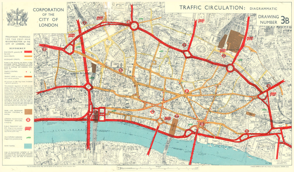 CITY OF LONDON.Post-war Reconstruction plans. TRAFFIC CIRCULATION 1944 old map