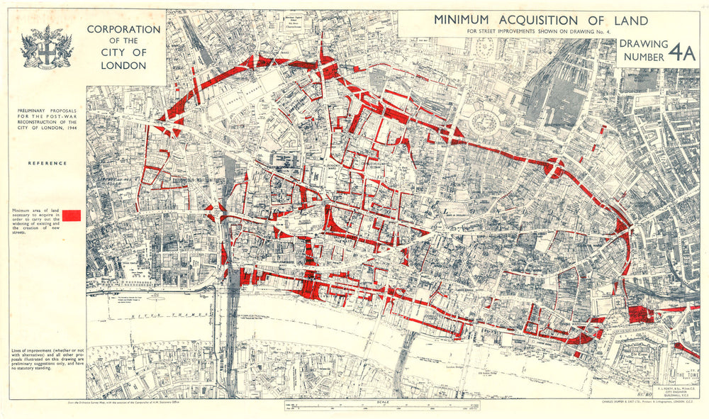 CITY OF LONDON.Post-war Reconstruction plan 1944. MIN LAND ACQUISITION 1944 map