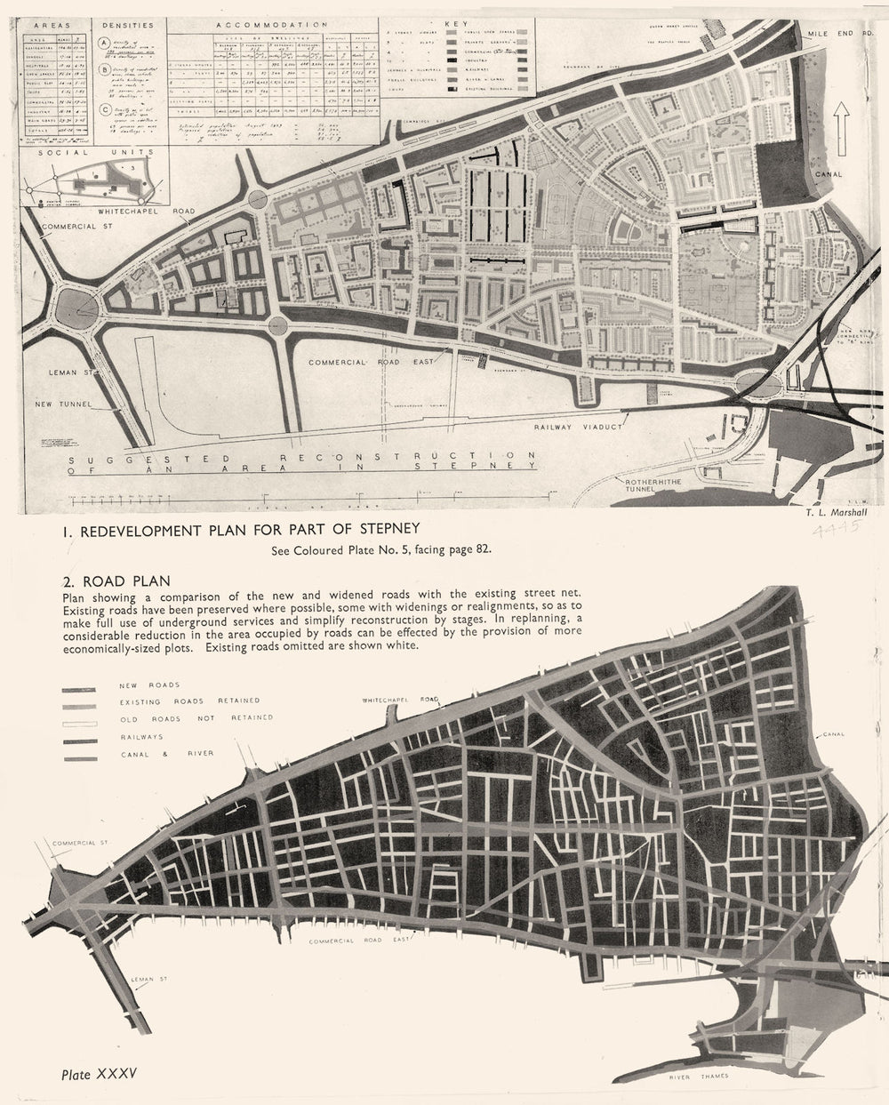 STEPNEY. Post war redevelopment plan for Stepney; Road plan 1943 old map