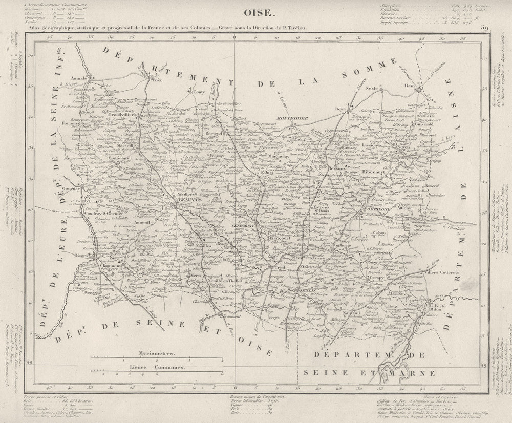 OISE. Oise département. Tardieu 1830 old antique vintage map plan chart