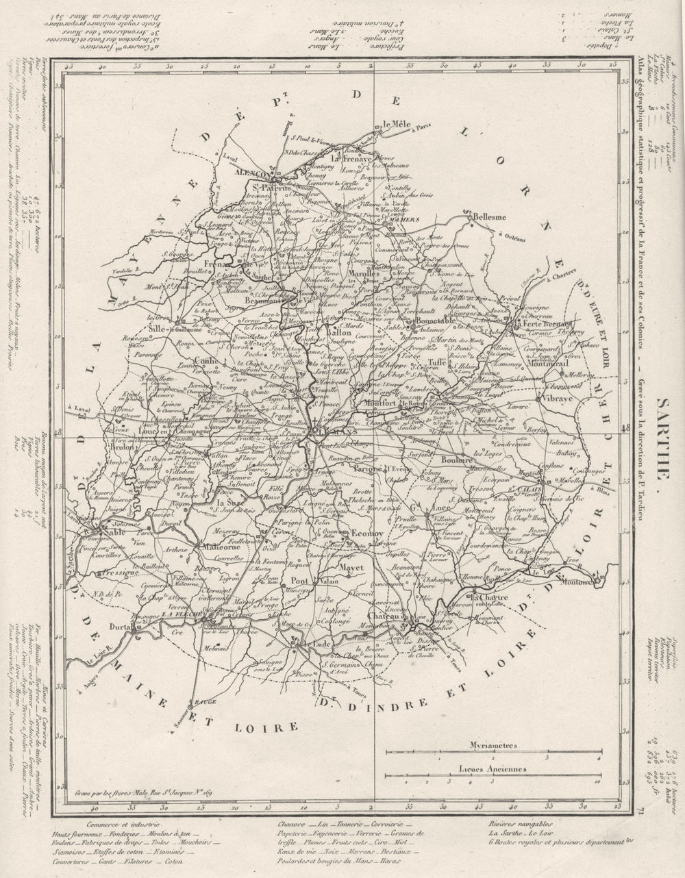 SARTHE. Sarthe département. Tardieu 1830 old antique vintage map plan chart