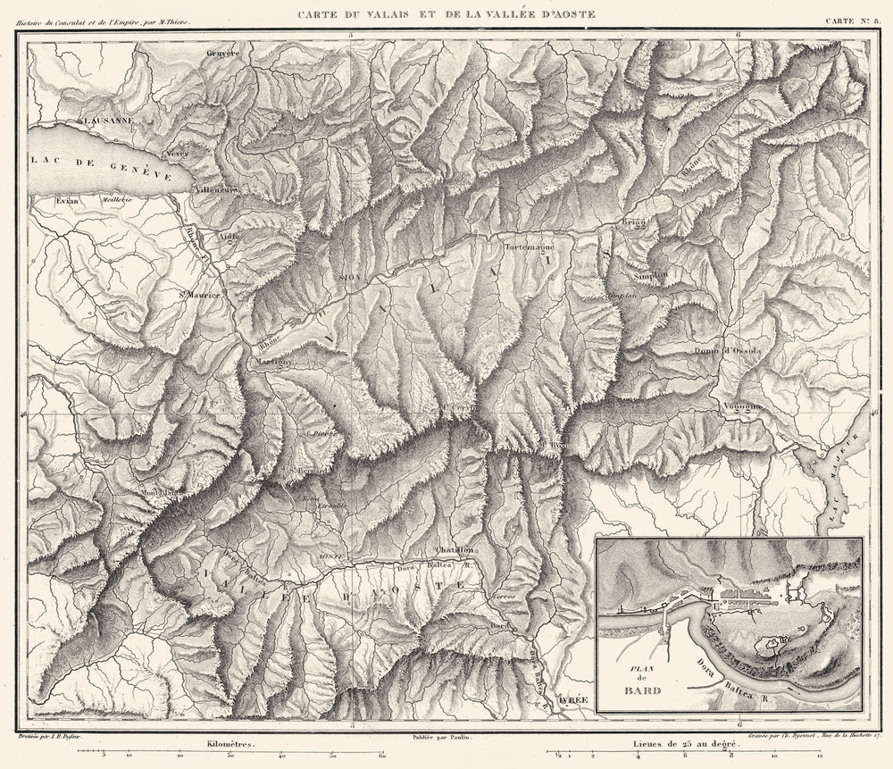 SWITZERLAND ITALY FRANCE.Valais; Vallée D'Aoste Aosta;Inset Bard plan 1859 map