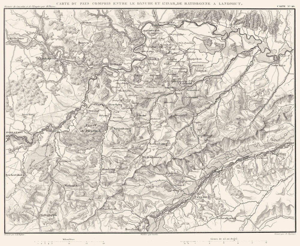 GERMANY. Danube-Isar; Regensburg Ratisbonne - Landshut 1859 old antique map