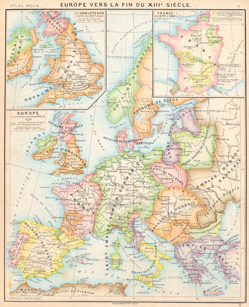 EUROPE. fin du 13C; Philippe III; Angeleterre; France de 1270- 1328 1900 map