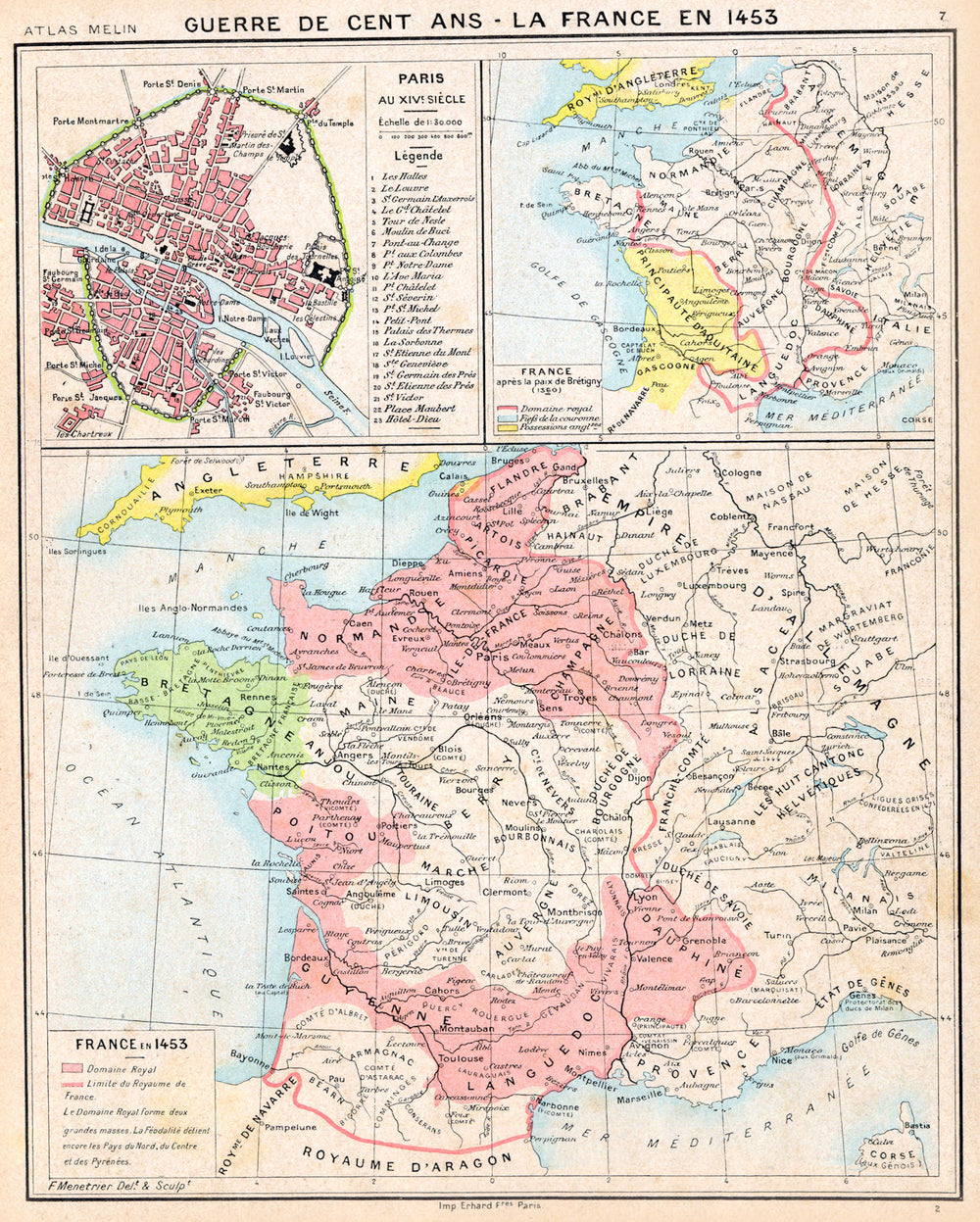 FRANCE. 100 years war;Guerre de cent ans 1360 & 1453; Inset Paris 14C 1900 map