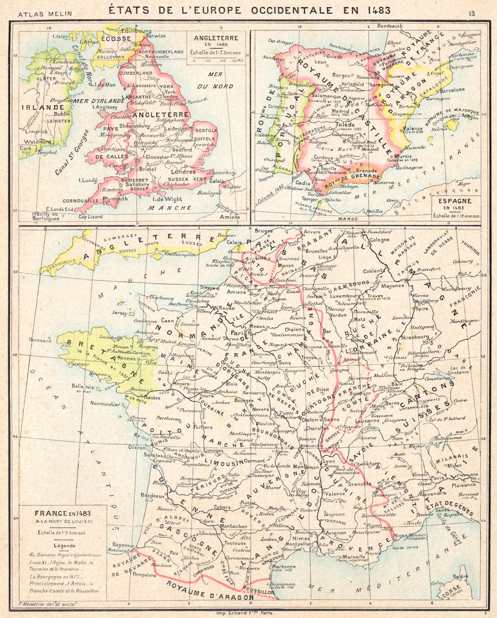 EUROPE. occidentale 1483; France; Angleterre; Espagne 1900 old antique map