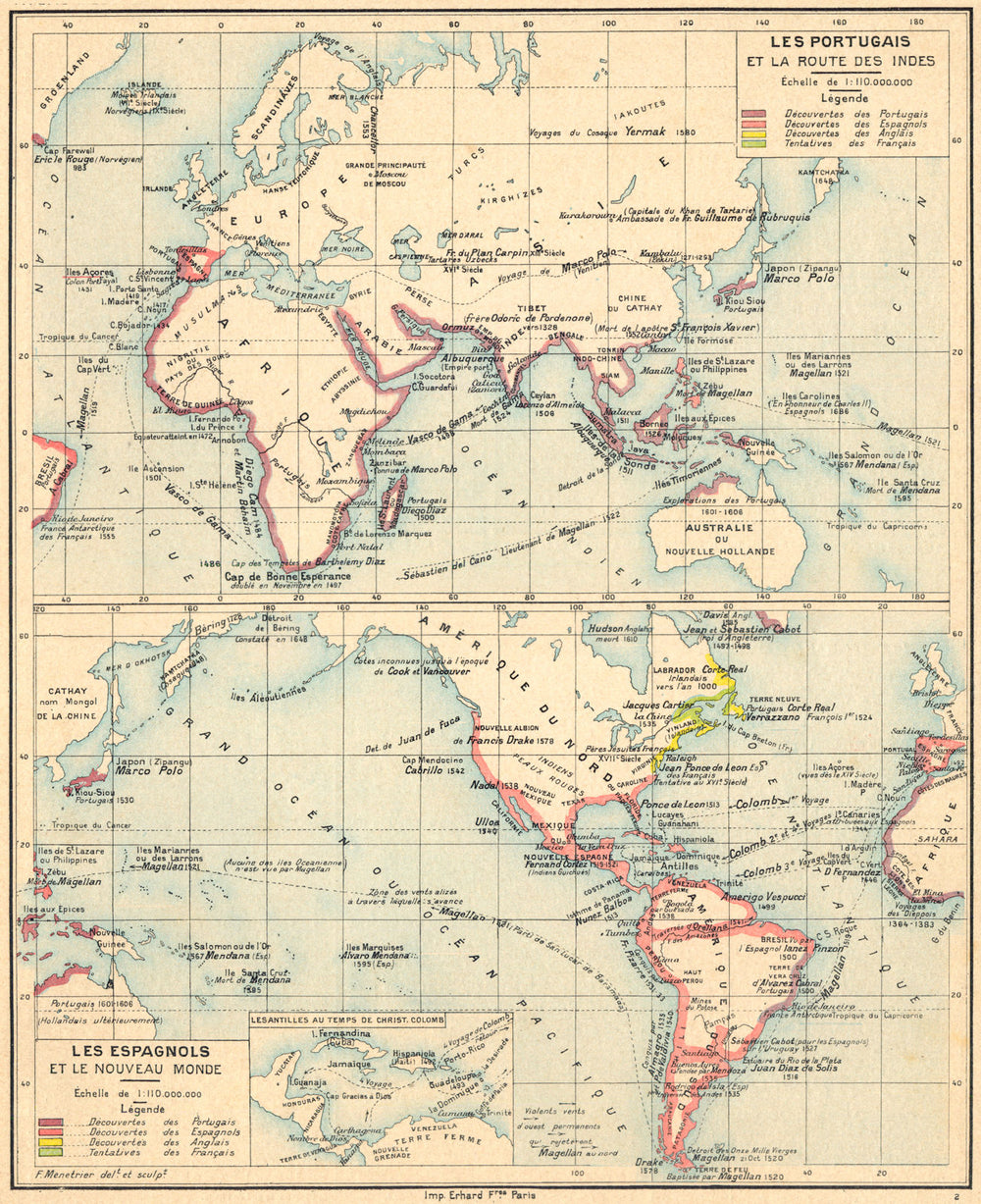 WORLD. Découvertes des Portugais et Espagnols 15C; Nouveau monde 1900 old map