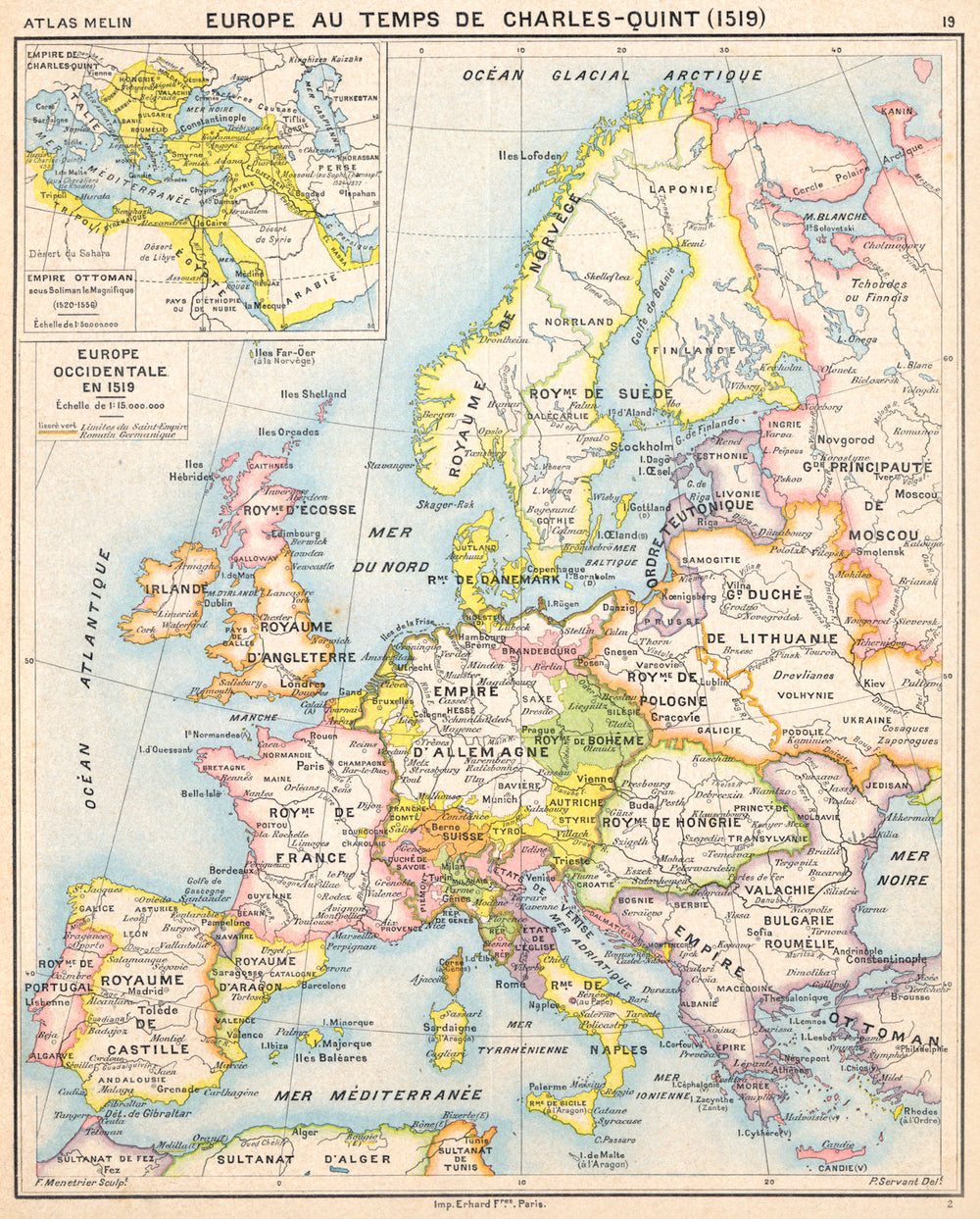 EUROPE.Temps de Charles-Quint 1519; Inset Empire Ottoman 1520-1556 1900 map