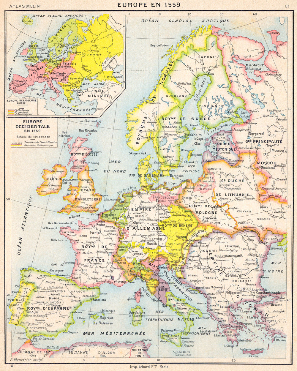 EUROPE. Europe Occidentale en 1559; Inset map of Europe Religieuse 1900