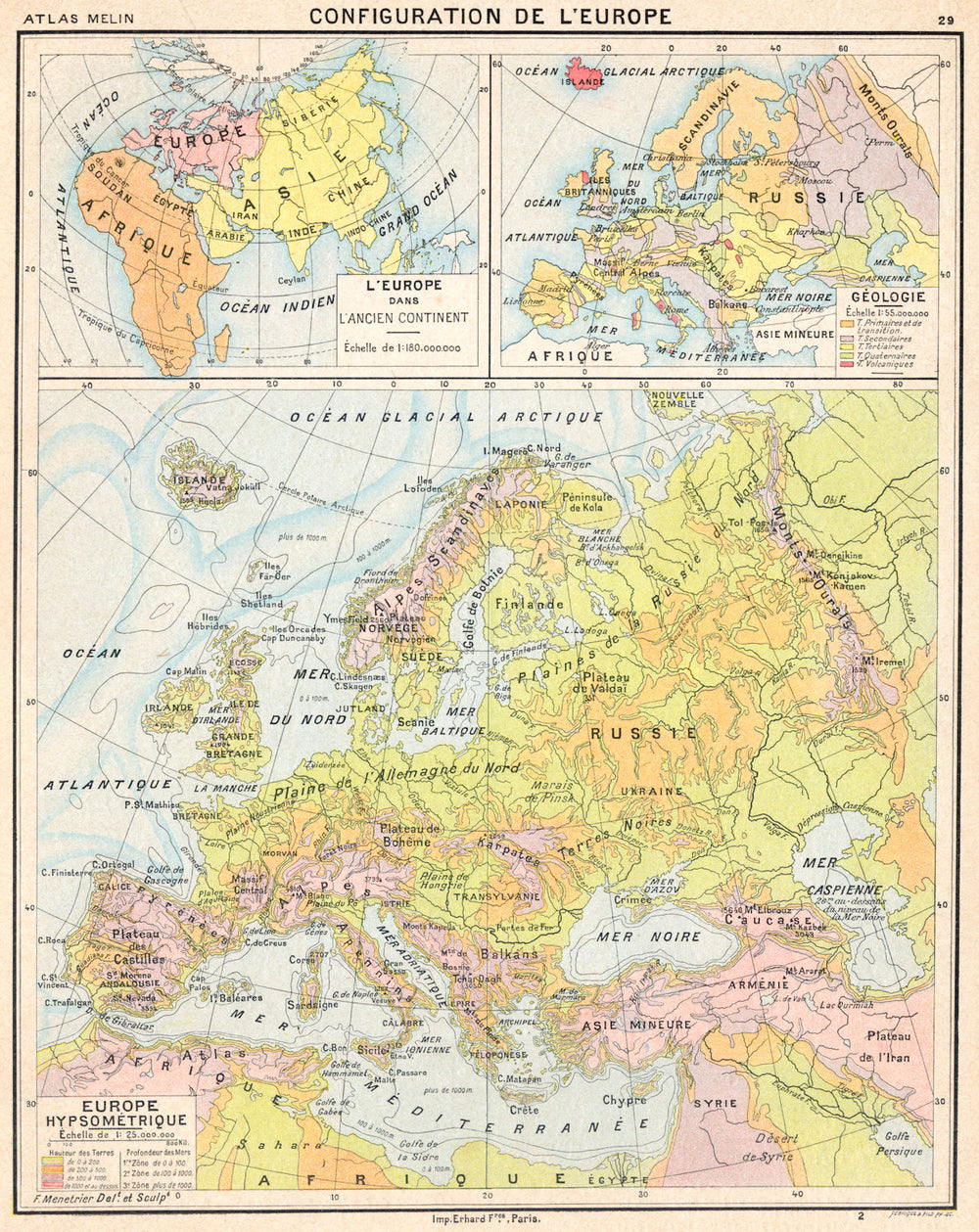 EUROPE. Configuration de L'Europe; Hypsométrique; Géologie 1900 old map