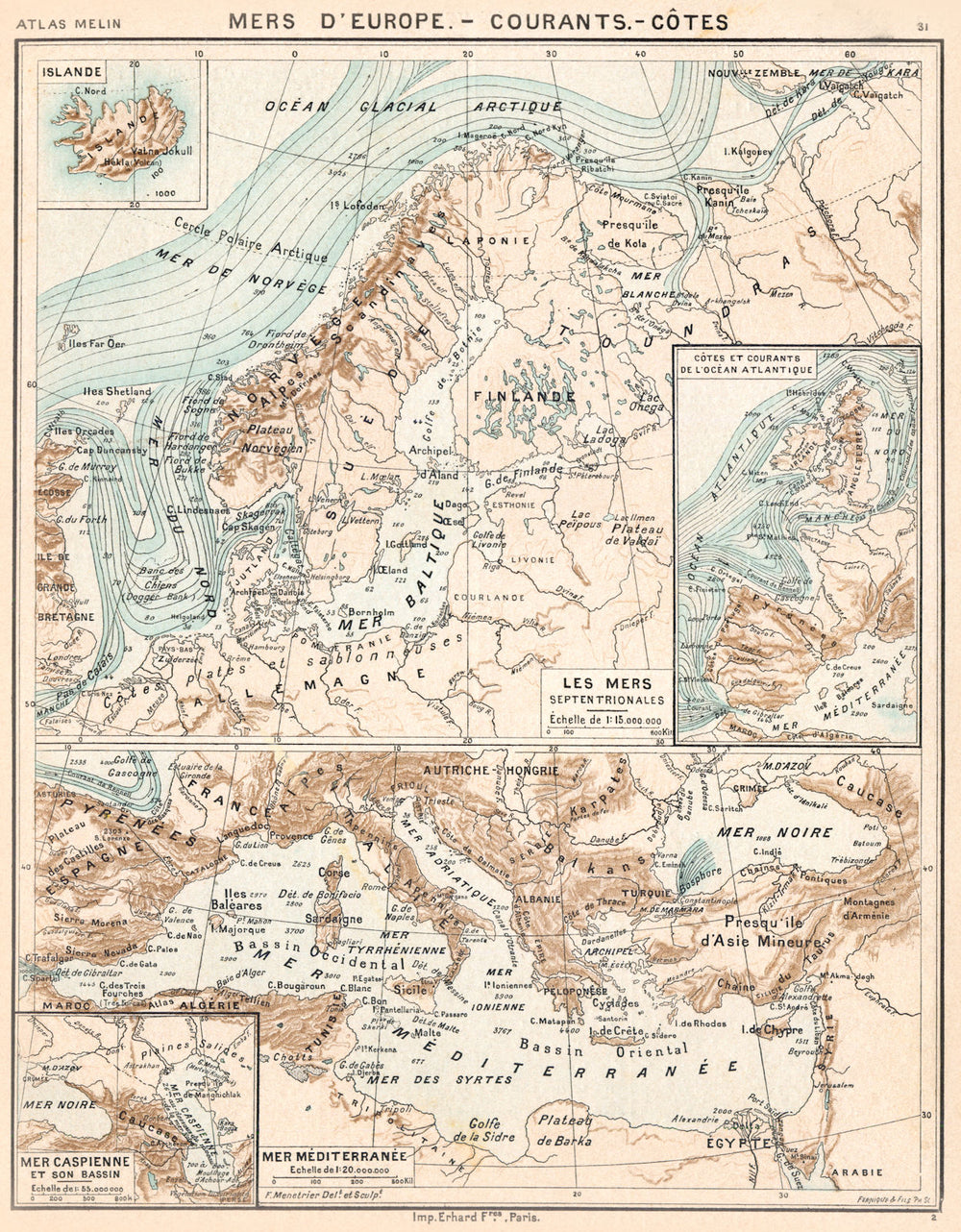 MERS EUROPE.Courants;Côtes; Atlantique Caspienne Caspian Méditerranée 1900 map