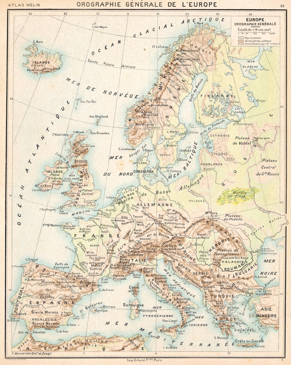 EUROPE. Orographie Générale de L'Europe 1900 old antique map plan chart
