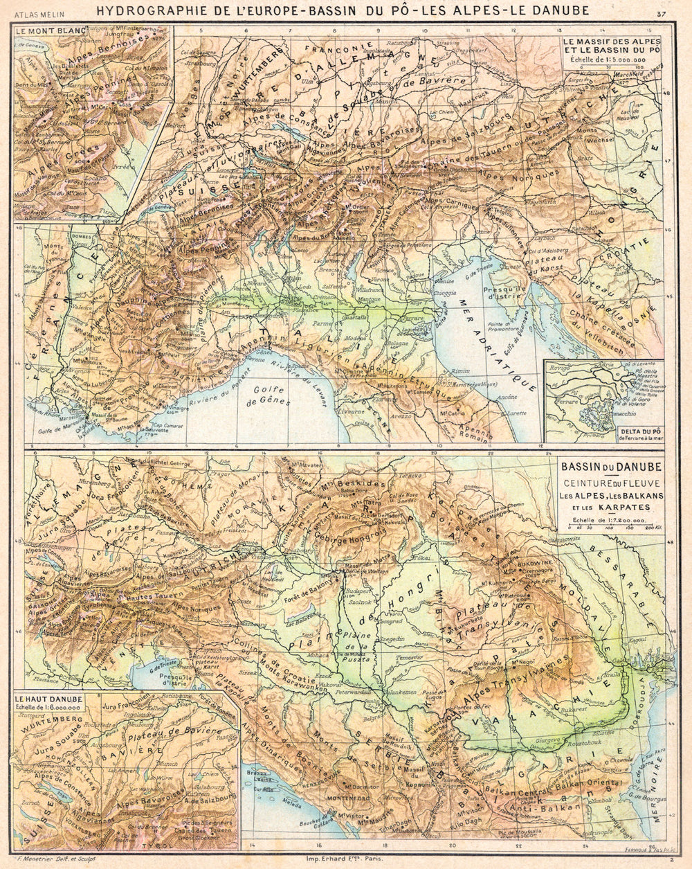 EUROPE. Hydrographie. Pô- Alpes- Danube; Mont Blanc; Bassin 1900 old map