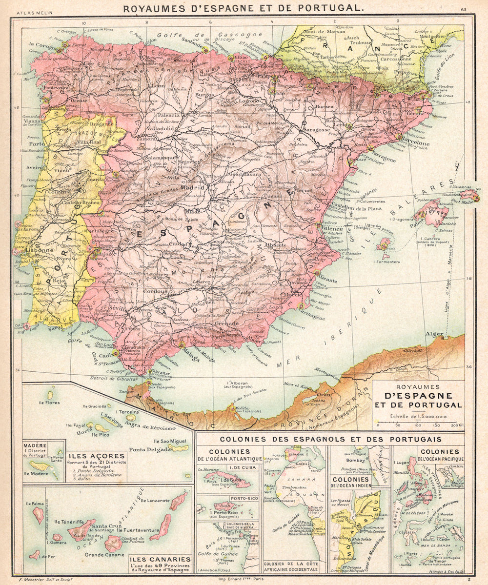ESPAGNE PORTUGAL. Madère; Açores canaries Cuba Porto-Rico baie Biafra 1900 map