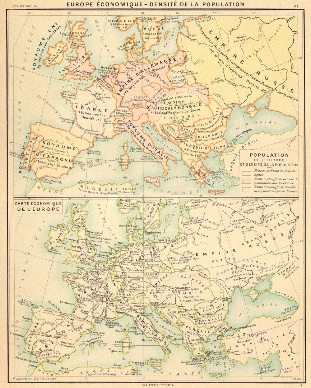 EUROPE. Europe Économique- Densité de la population 1900 old antique map chart
