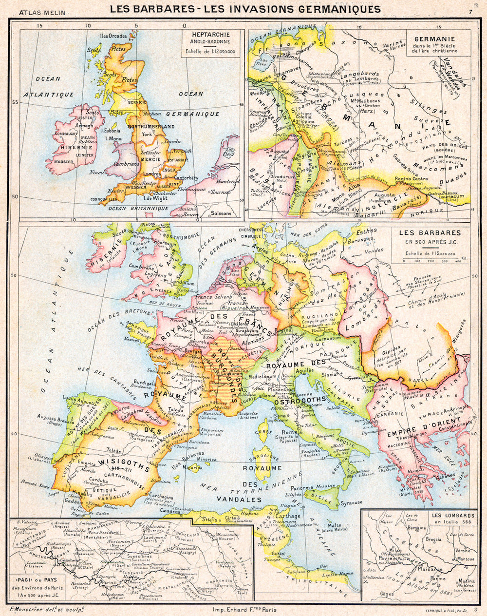 GERMANY.Barbares-Invasions Germaniques 1C;Heptarchie Saxonne;Lombards 1900 map