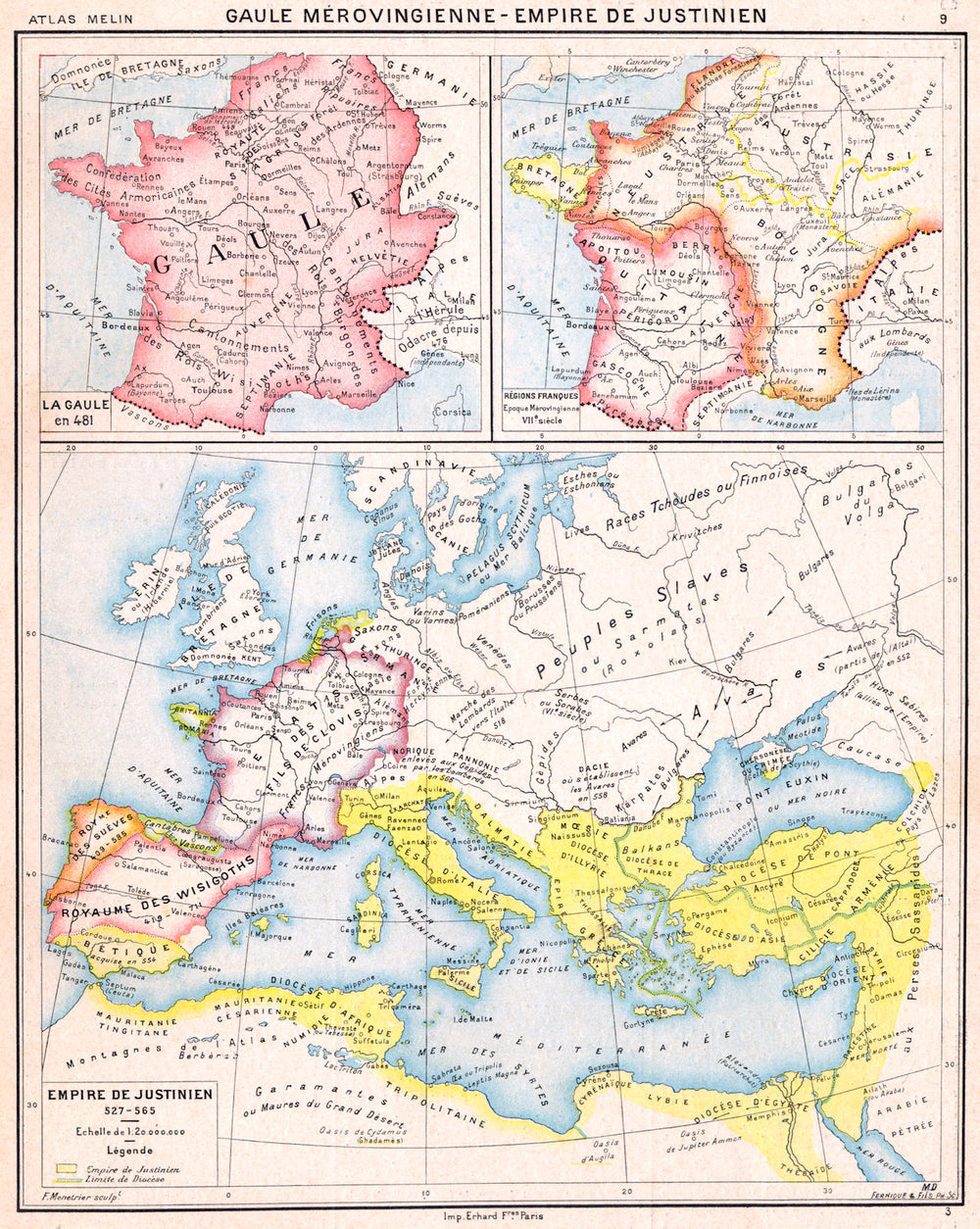 EMPIRE DE JUSTINIEN. Gaule Mèrovingienne en 481 ;Régions Franques 1900 old map