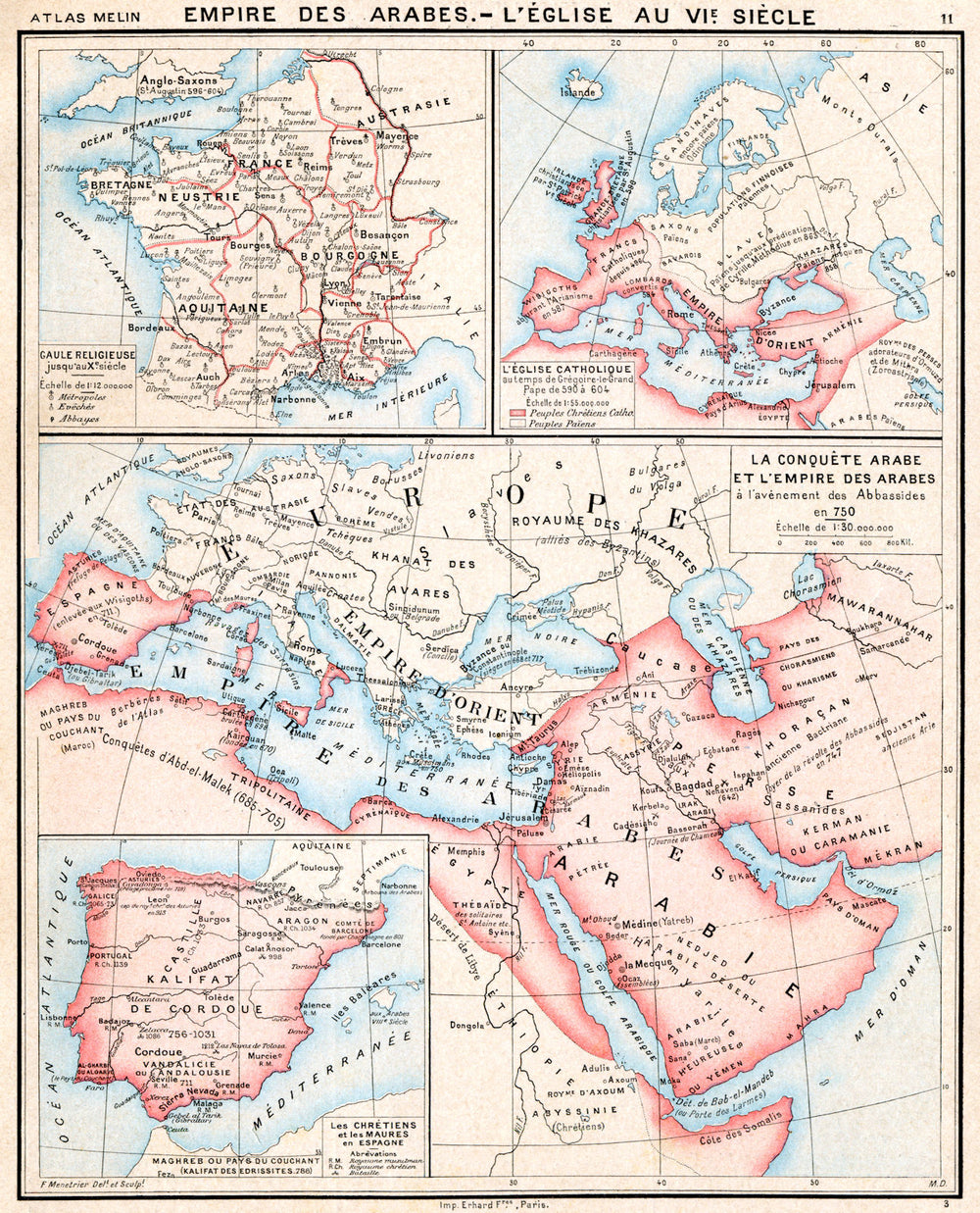 EMPIRE ARABES. èglise 6C; Chrétiens Maures Espagne; Gaule religieuse 1900 map