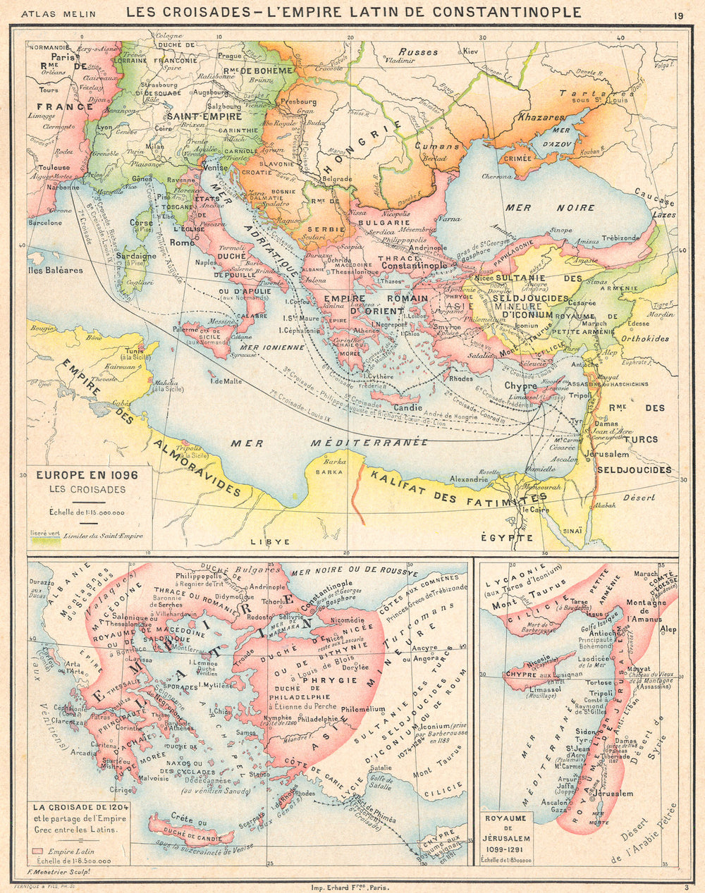 EUROPE.Croisades Crusades Byzantine Empire;latin;1096;1204;Jérusalem 1900 map