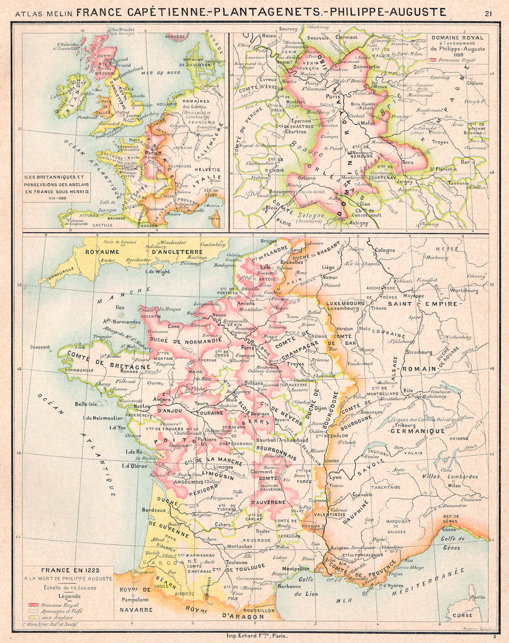FRANCE.Capètienne-Plantagenet-Philippe-Auguste;1223;Poss. Anglais 1900 old map