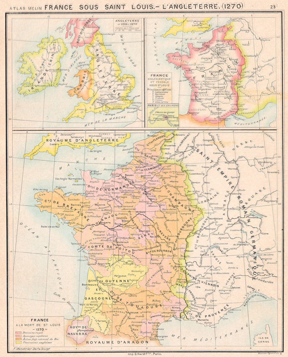 FRANCE. St Louis (1270) ; Angleterre; Ecclésiastique Féodale 1900 old map