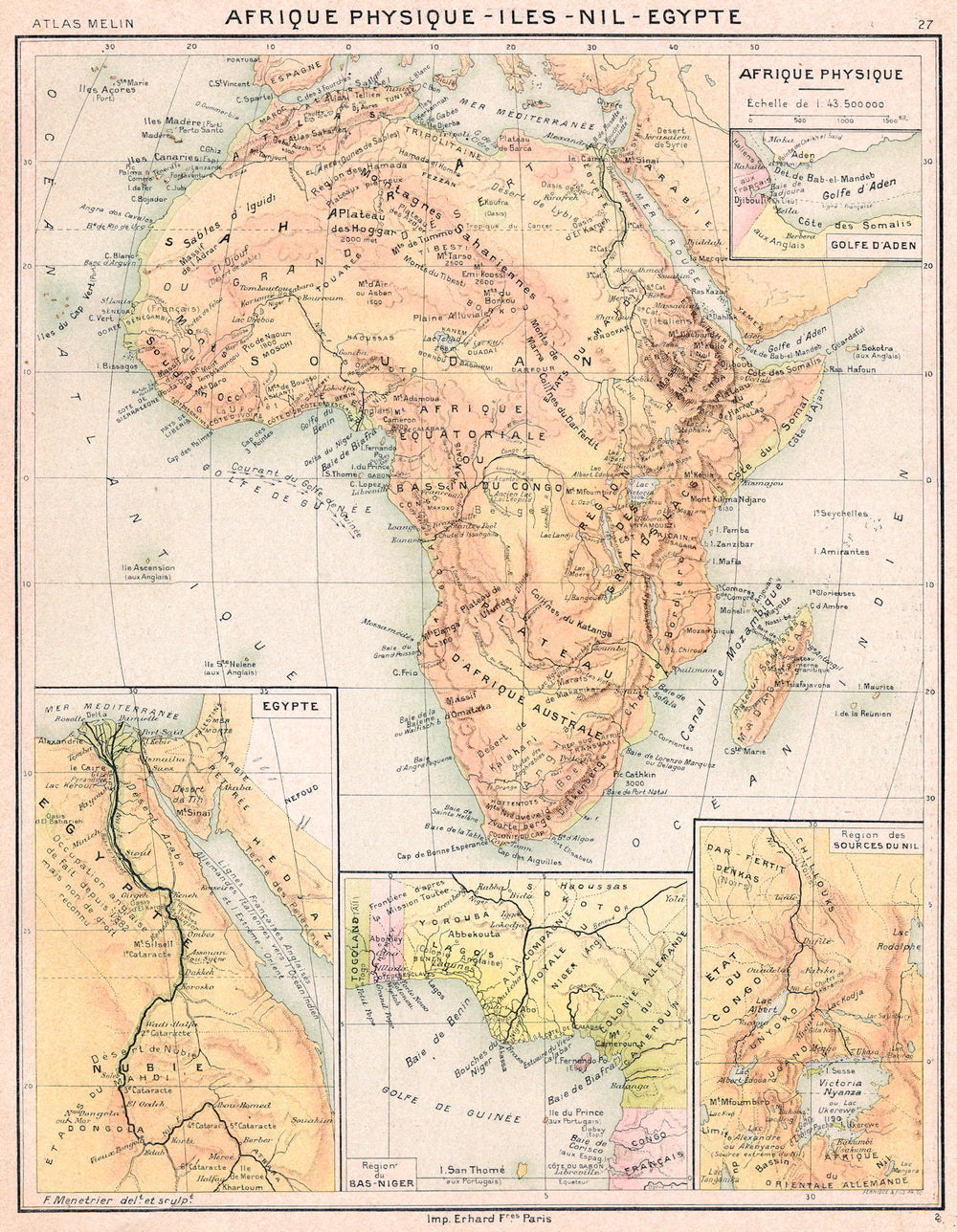 AFRICA. Afrique Physique- Iles- Nil- Egypte; ; Region des Sources du 1900 map