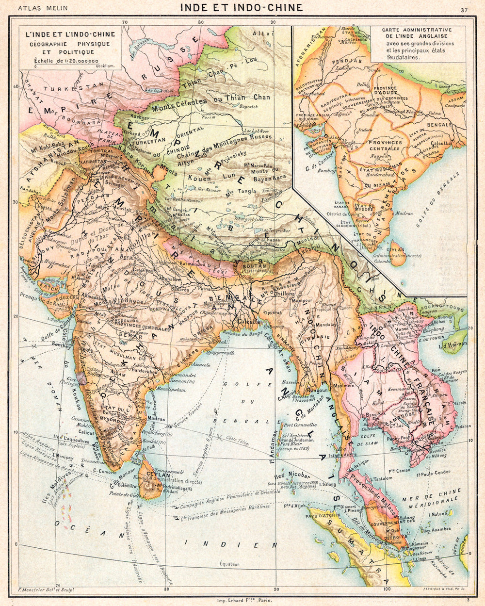 INDIA INDOCHINA. Inde Indo-Chine Physique Politique administrative 1900 map