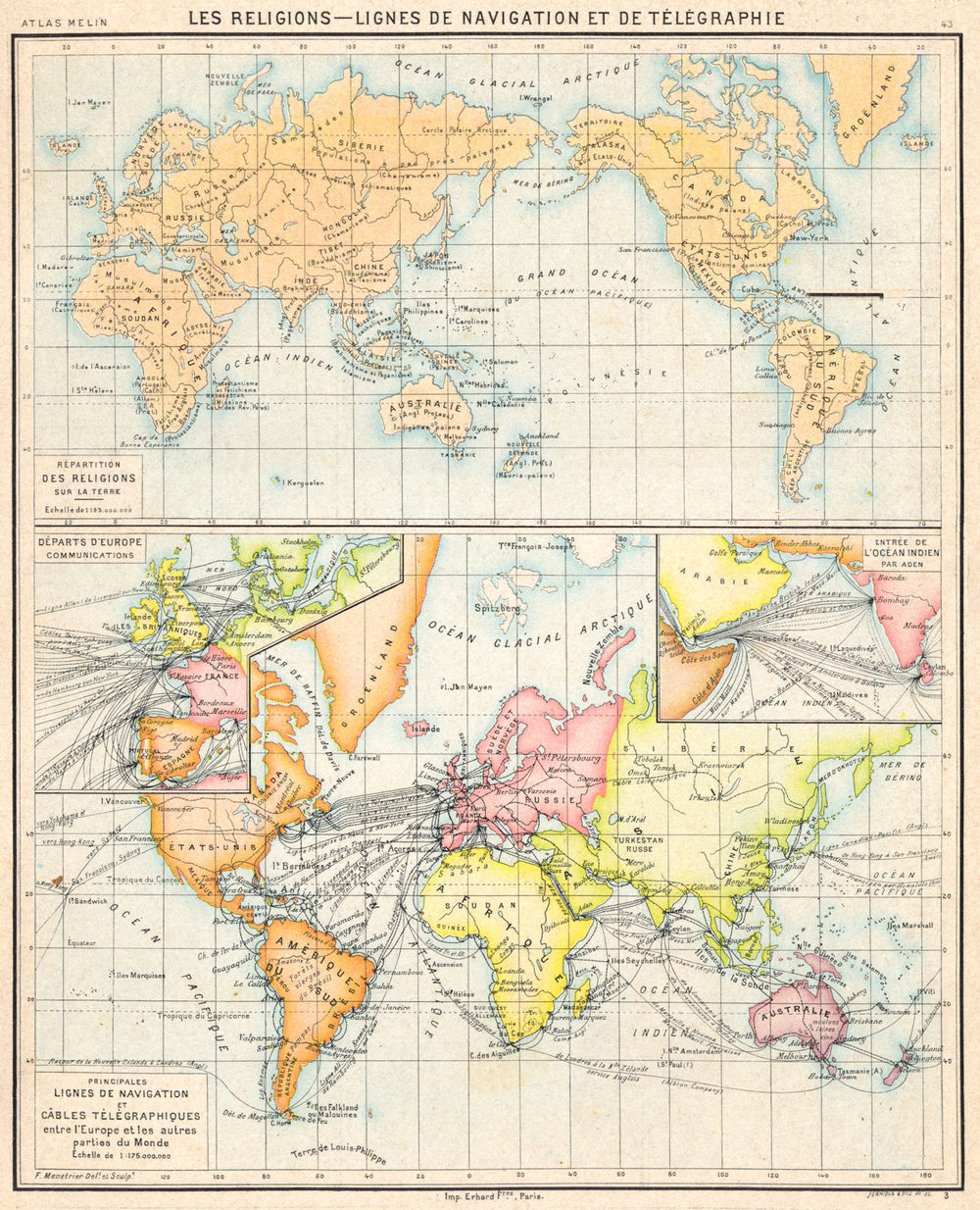 WORLD.Religion;lignes Navigation;télégraphie;Telegraph;shipping route 1900 map