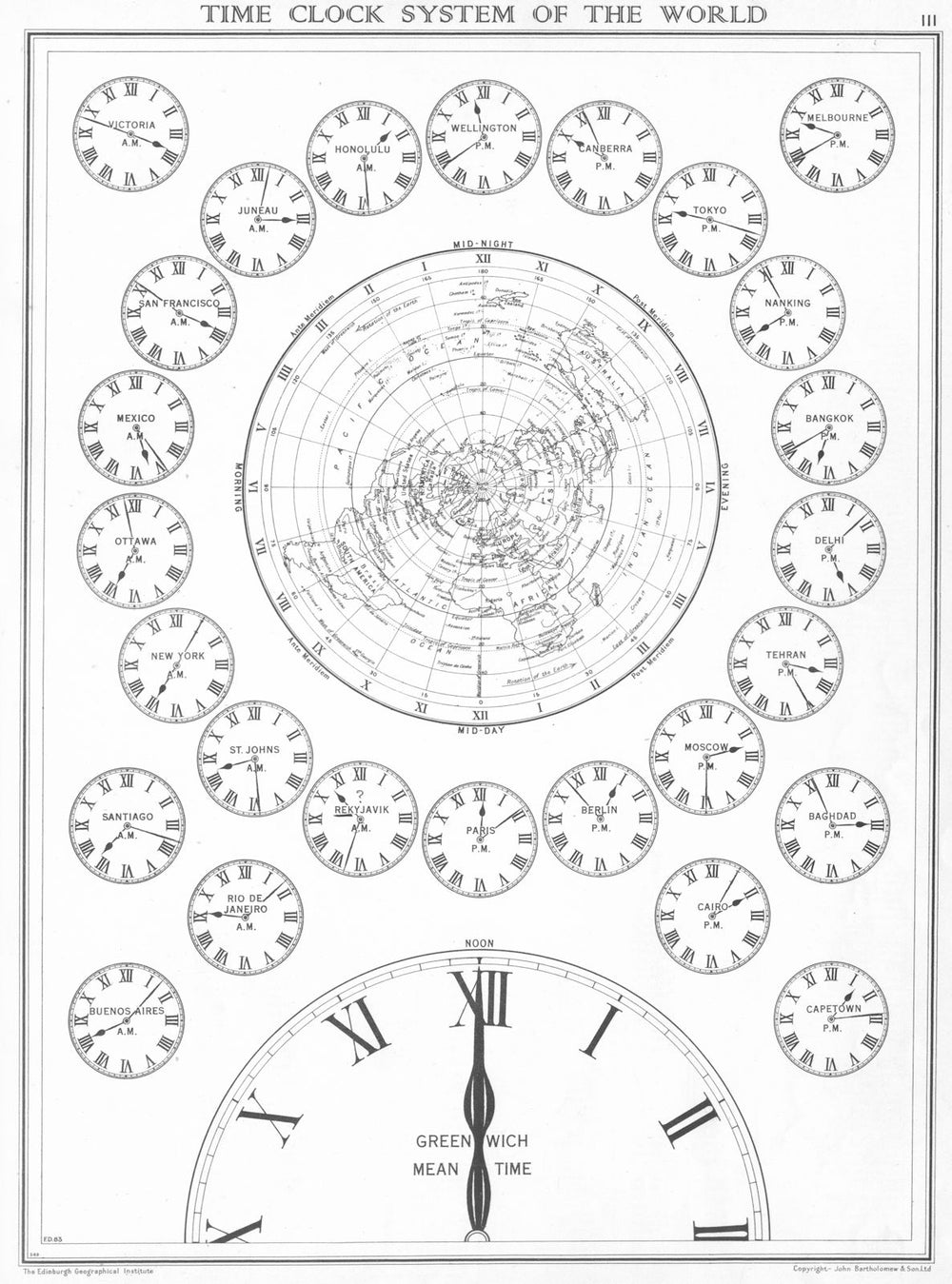 WORLD. Time Clock System of the World 1938 old vintage map plan chart