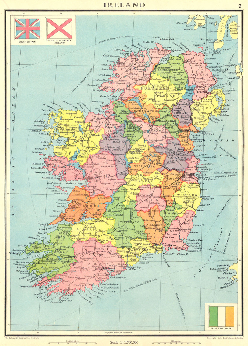 IRELAND. Irish Free State. Ulster/Northern Ireland. Counties 1938 old map