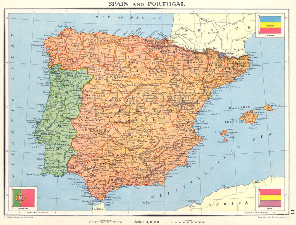 IBERIA. Spain and Portugal 1938 old vintage map plan chart