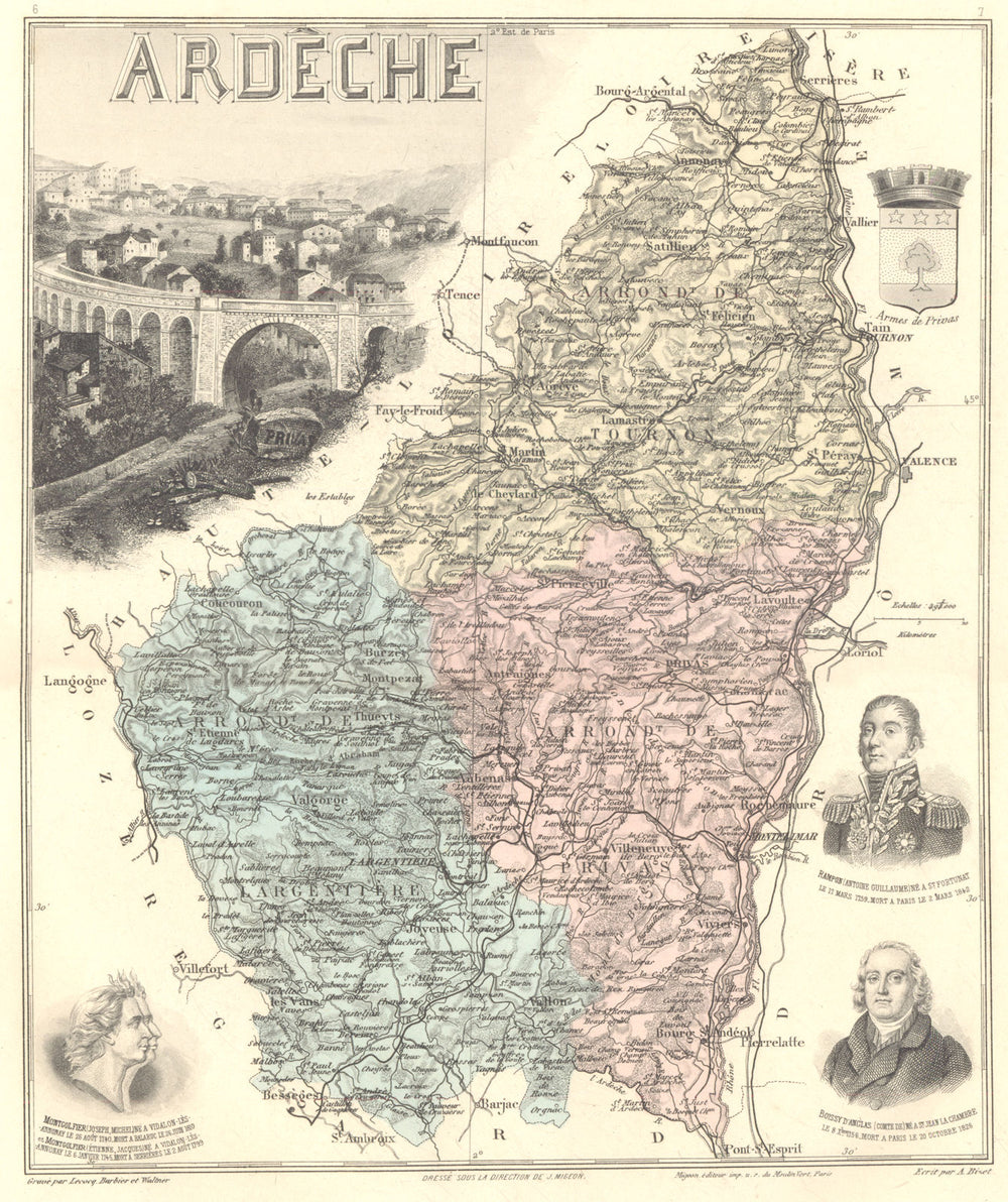 ARDÈCHE. Ardèche département.  Privas vignette. Vuillemin 1903 old antique map