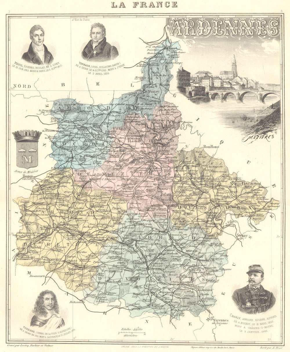 ARDENNES.Ardennes département.Charleville-Mézières vignette.Vuillemin 1903 map