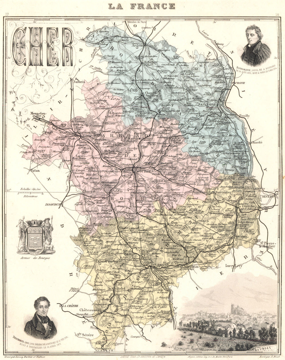 CHER. Cher département.  Bourges vignette. Vuillemin 1903 old antique map