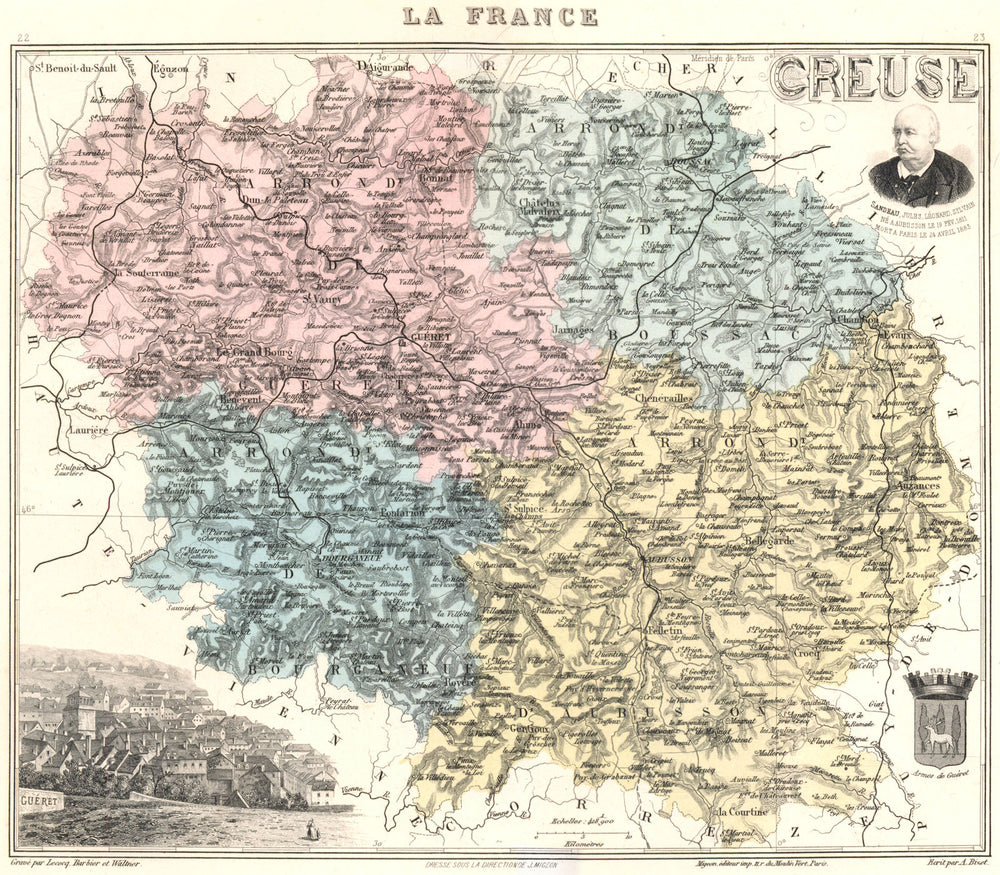 CREUSE. Creuse département.  Guéret vignette. Vuillemin 1903 old antique map