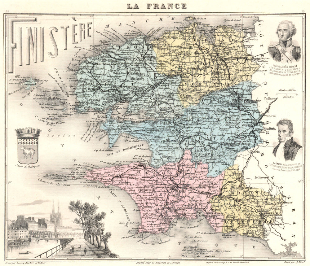 FINISTÈRE. Finistère département.  Quimper vignette. Vuillemin 1903 old map
