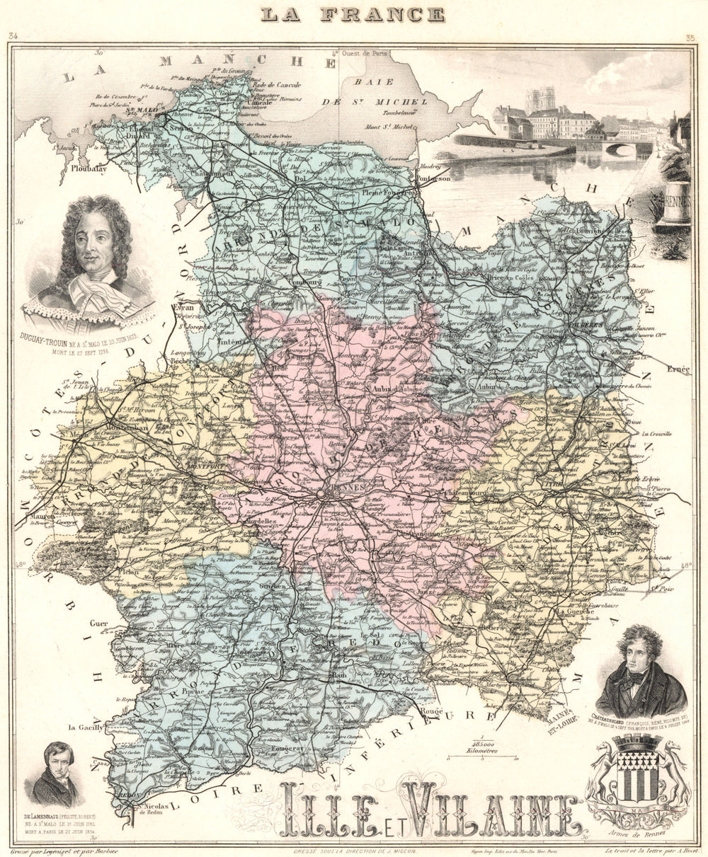 ILLE-ET-VILAINE.Ille-et-Vilaine département.Rennes vignette.Vuillemin 1903 map