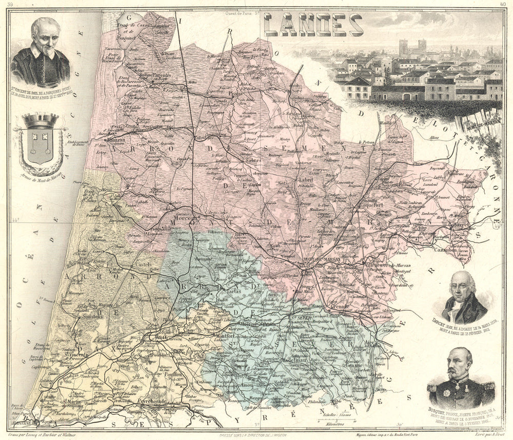 LANDES. Landes département.  Mont-de-Marsan vignette. Vuillemin 1903 old map