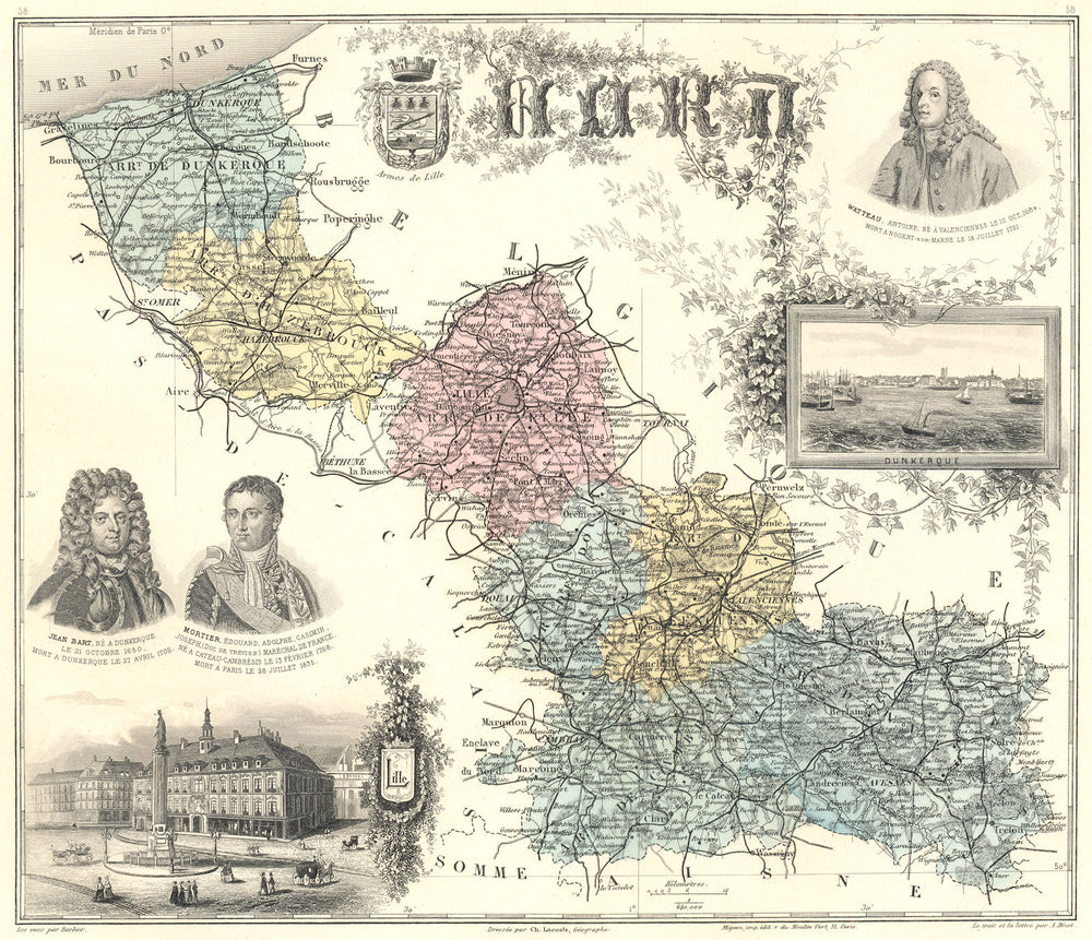 NORD. Nord département.  Lille Dunkerque vignette. Vuillemin 1903 old map