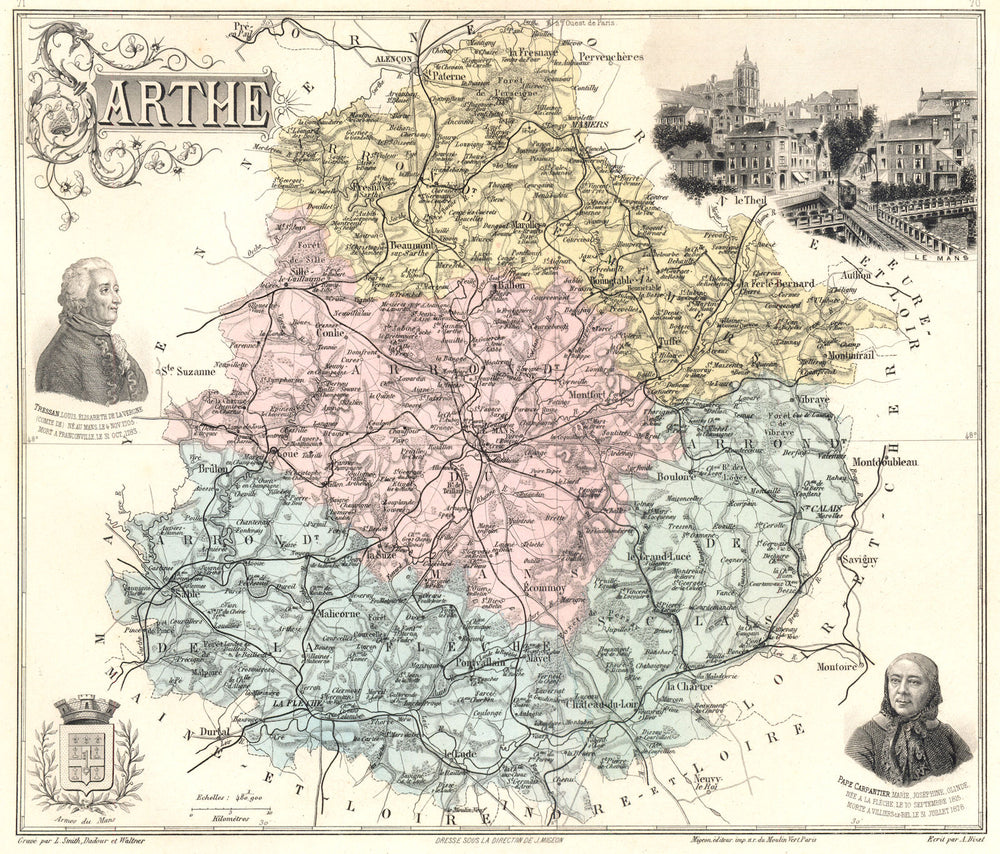SARTHE. Sarthe département.  Le Mans vignette. Vuillemin 1903 old antique map