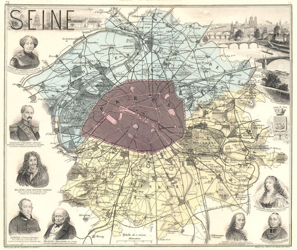 SEINE. Seine département. Paris.  Paris vignette. Vuillemin 1903 old map