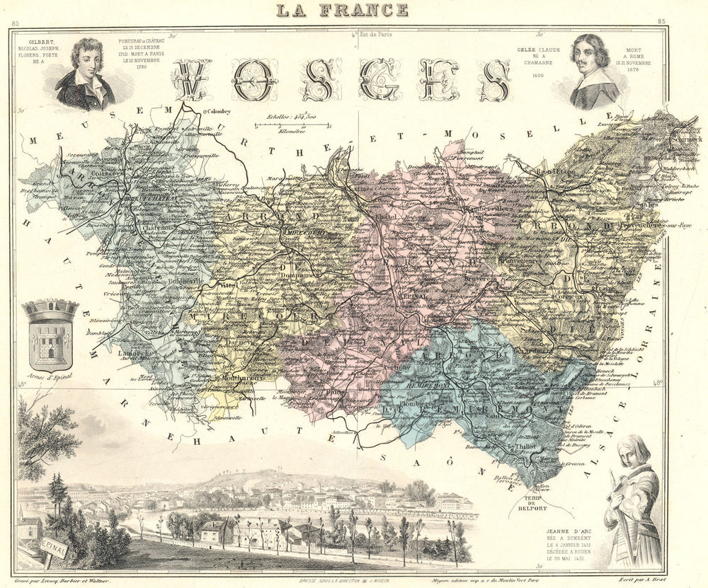 VOSGES. Vosges département.  Épinal vignette. Vuillemin 1903 old antique map