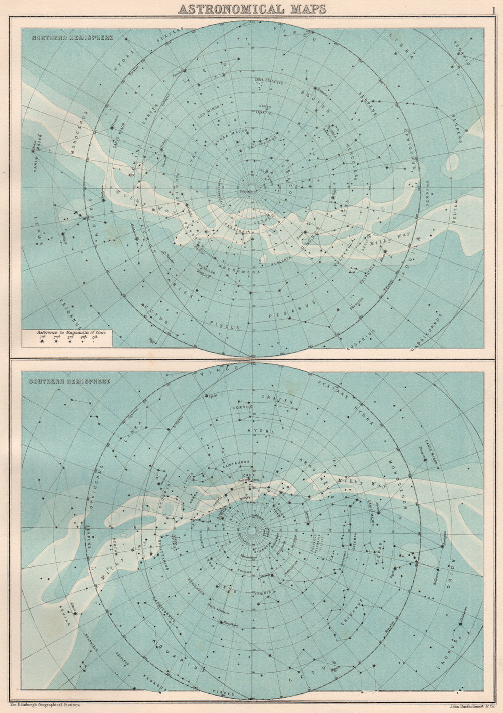 ASTRONOMICAL MAPS. Northern & Southern Hemispheres. BARTHOLOMEW 1891 old