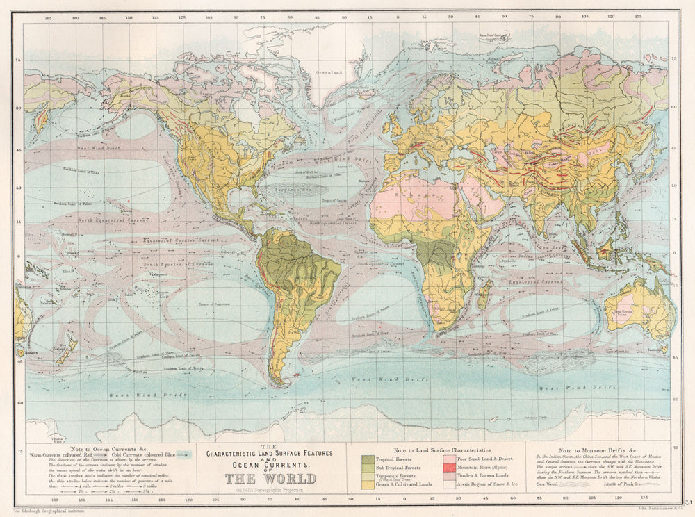 WORLD. Land surface features & Ocean currents. BARTHOLOMEW 1891 old map