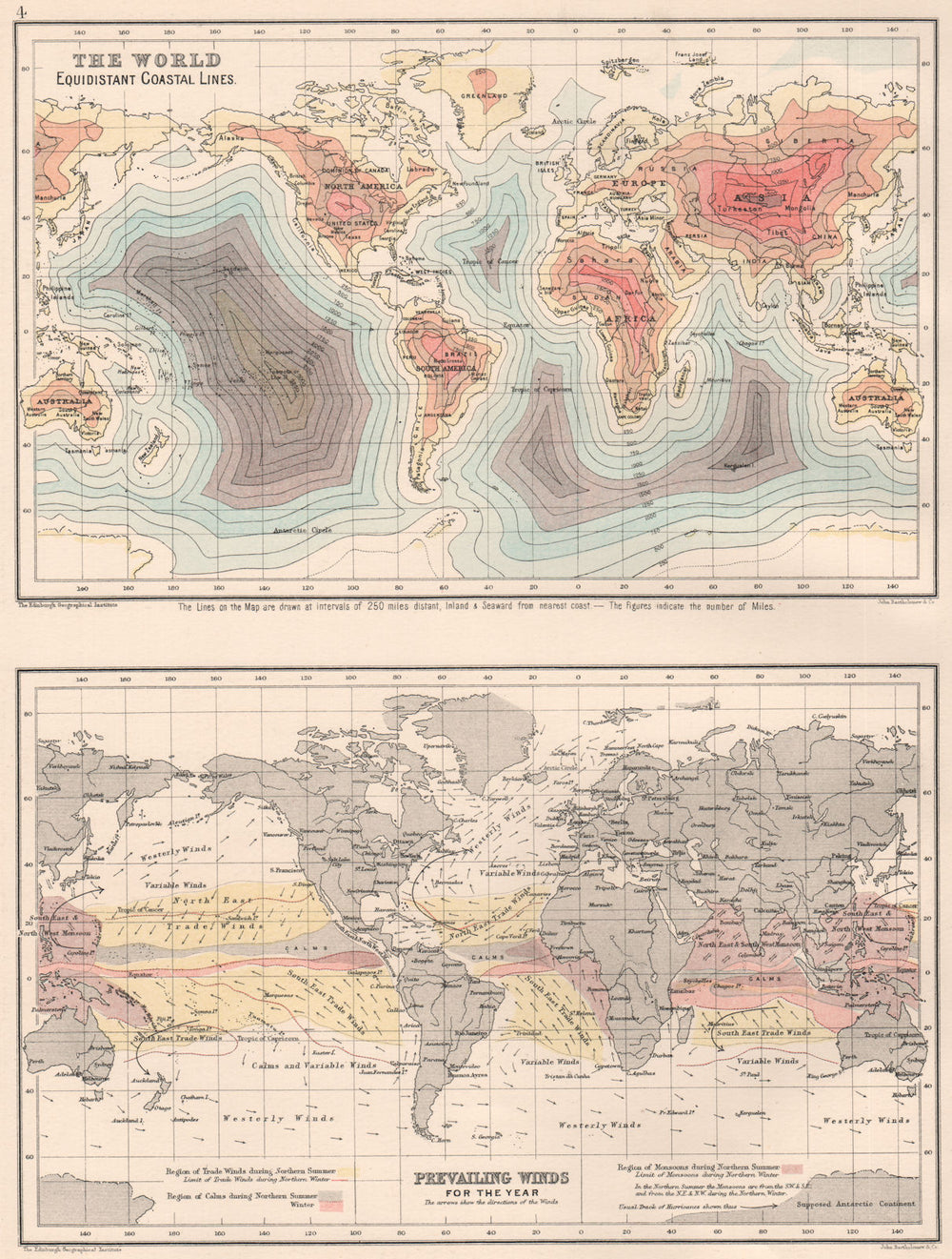 WORLD. Equidistant Coastal Lines. Prevailing Winds. BARTHOLOMEW 1891 old map